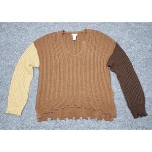 Rue21 Sweater Womens S Brown  Long Sleeve Distressed Edges V-Neck Pullover New